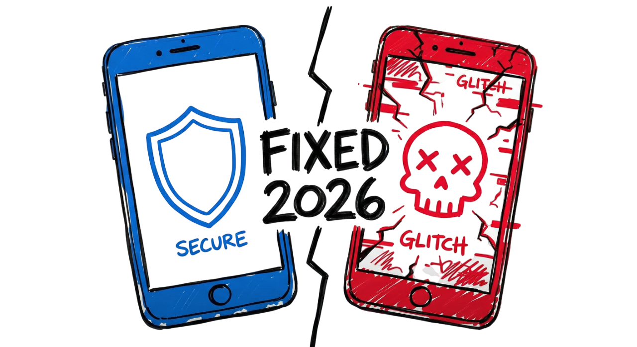 Gemini said Whiteboard-style illustration of a smartphone split vertically: the left side features a blue security shield icon representing safety, and the right side shows a red skull with glitch lines representing a hack, centered with bold black text reading "FIXED 2026" on a minimalist white background.