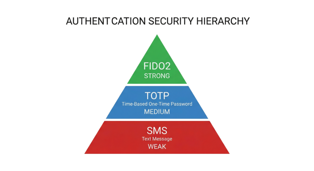 MFA security comparison SMS vs passkeys vs FIDO2 authentication