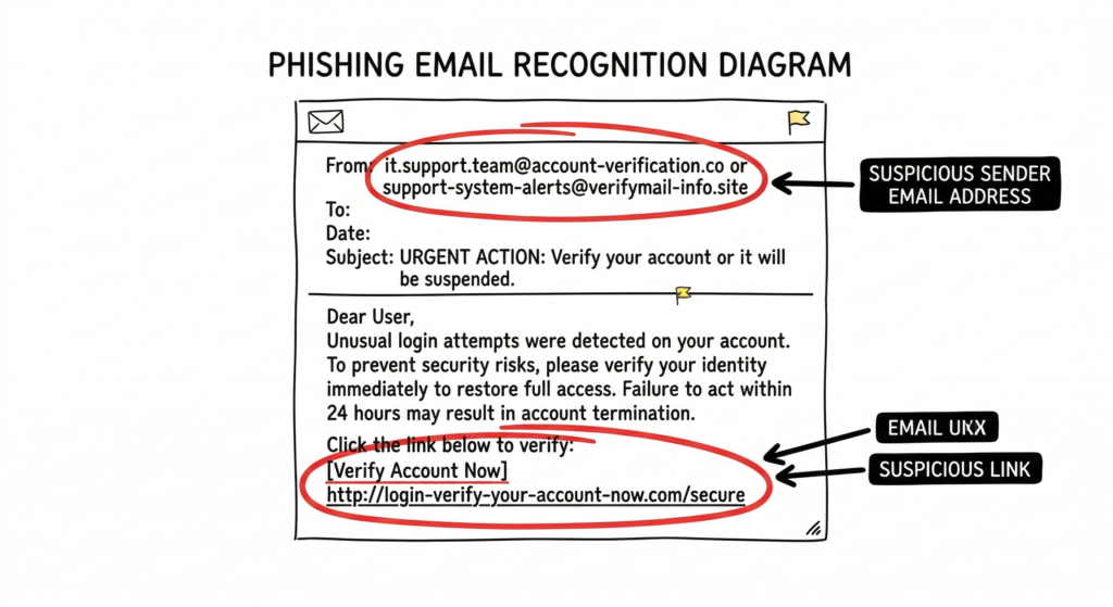 phishing email examples showing sender address and suspicious links