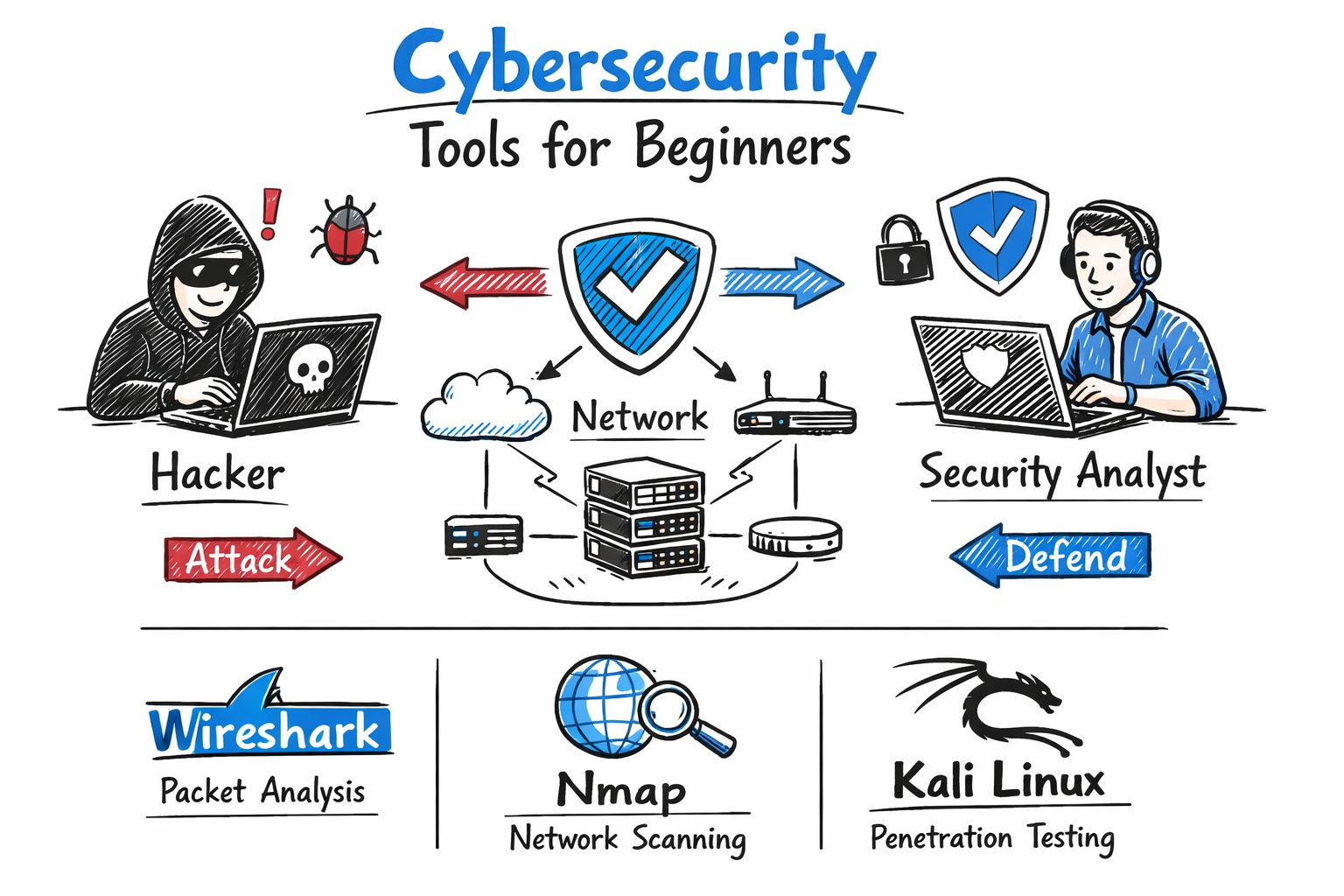 Cybersecurity tools for beginners whiteboard diagram 2026