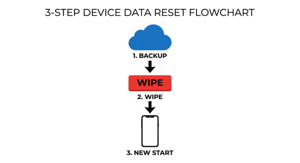 Flowchart showing the professional 3-step factory reset process (Backup, Wipe, Update) to clean a hacked Android or iPhone.