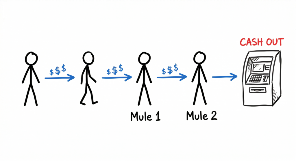 Flowchart of how money moves in Online Scams via mule accounts.