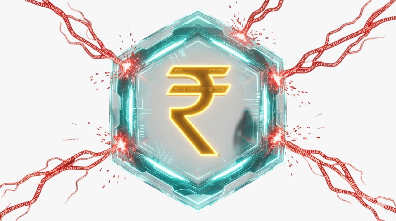 A high-tech digital shield protecting the Indian Rupee from online scams and cyber attacks.