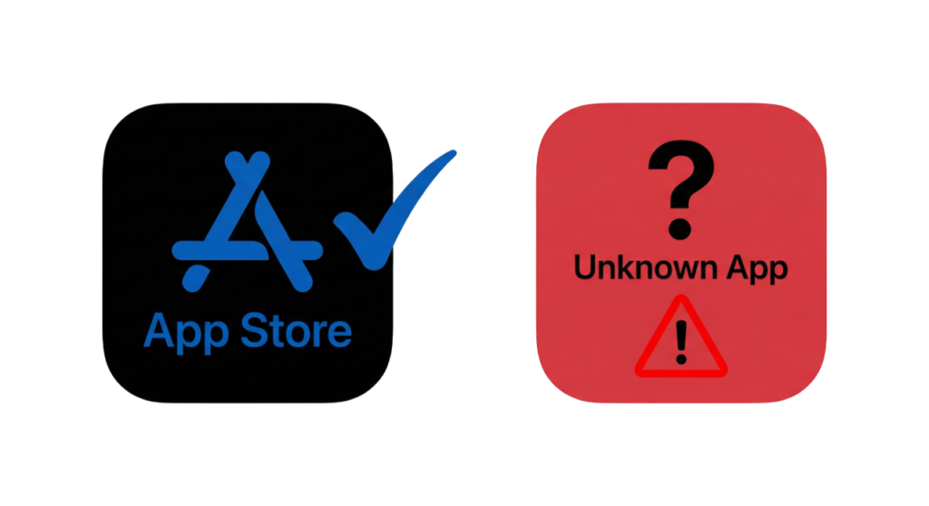 Comparison sketch highlighting the security risks of sideloading apps from third-party stores onto an Android or iPhone.