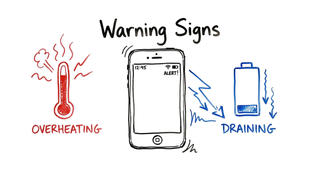 Whiteboard sketch illustrating common warning signs of a hacked Android or iPhone, including battery drain and overheating indicators.