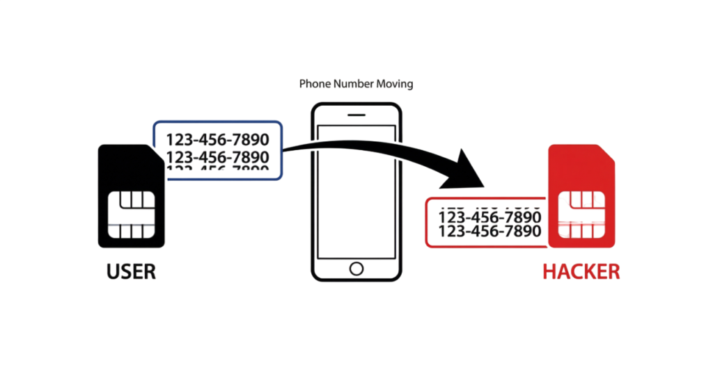 Educational diagram explaining how a SIM swap attack bypasses two-factor authentication on Android and iPhone devices.