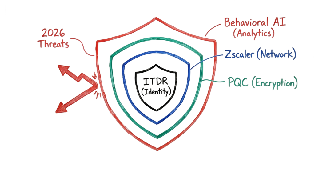 Summary diagram of the 2026 cybersecurity stack for preventing autonomous AI attacks.