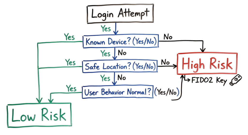 An adaptive risk-based decision tree used in a phishing resistant mfa implementation guide to evaluate login context.