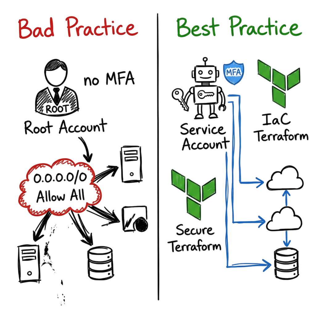 A comparison sketch showing the difference between secure cloud habits and a dangerous Cloud Misconfiguration.