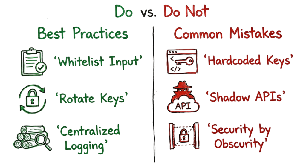 A comparative diagram highlighting the differences between common mistakes and recommended best practices for API security.