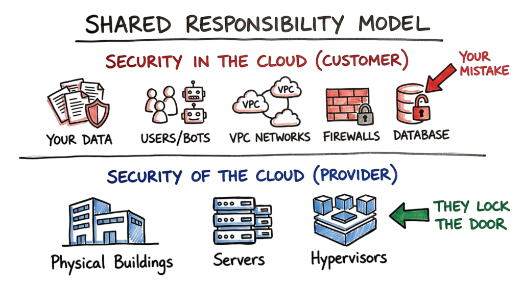A hand-drawn diagram illustrating the Shared Responsibility Model in Cloud Security Basics (2026), showing the customer's critical duties.