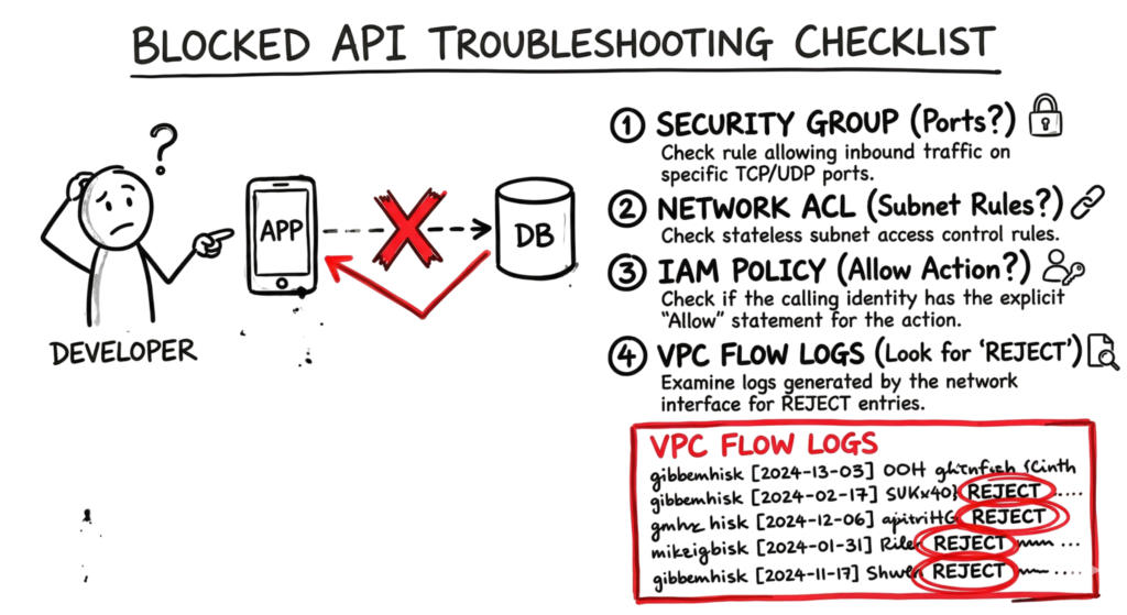 A hand-drawn troubleshooting flow chart for identifying blocked cloud access, supporting the practical application of Cloud Security Basics (2026).