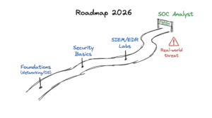 A hand-drawn career roadmap showing the steps to become a professional SOC analyst in 2026.