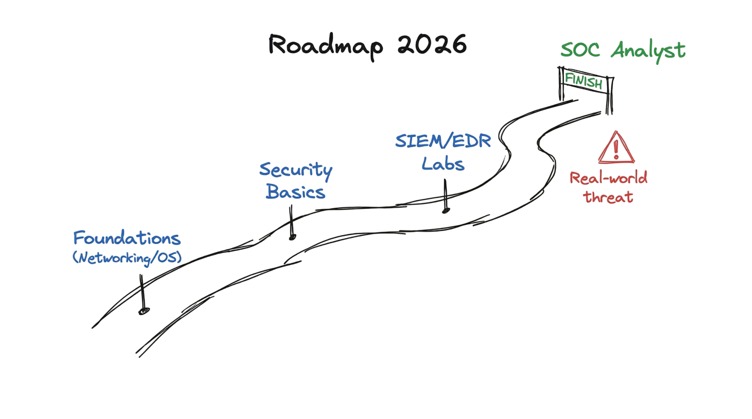 A hand-drawn career roadmap showing the steps to become a professional SOC analyst in 2026.