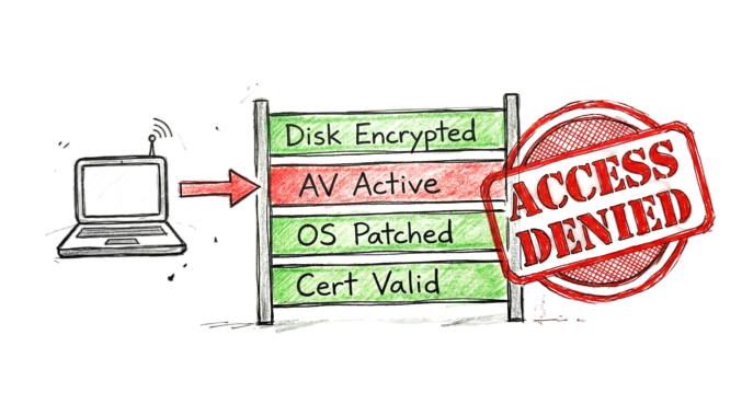 Diagram showing device posture checks and zero trust policy enforcement examples.