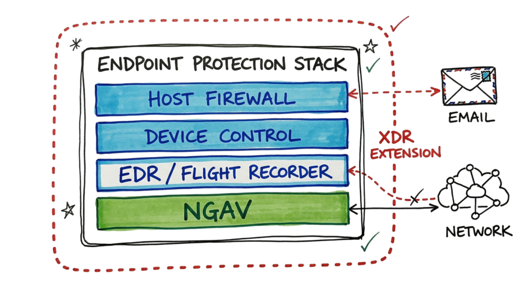 Hand-drawn layer diagram comparing EDR vs XDR features 2026 within an enterprise security stack.