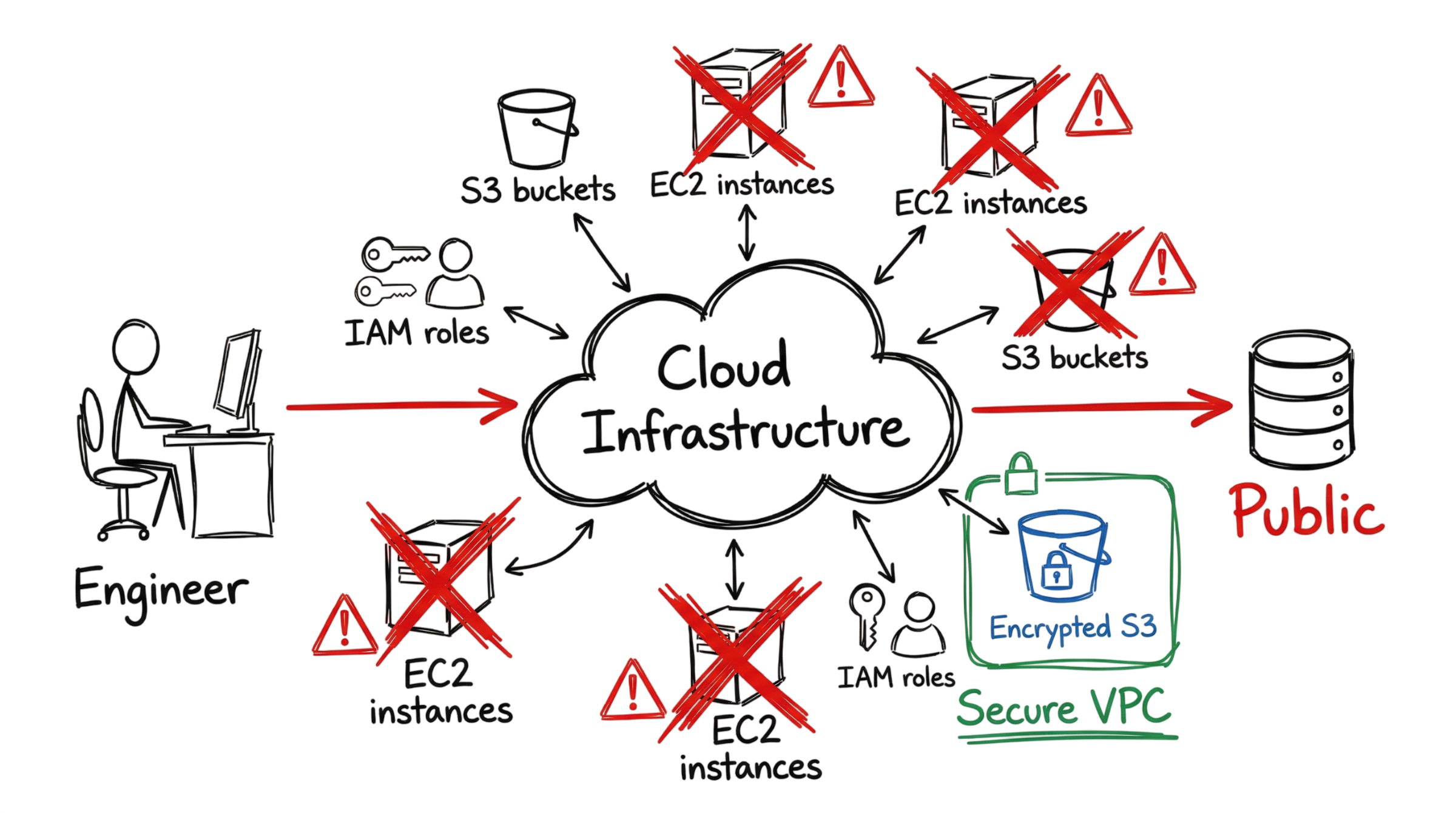 A hand-drawn engineering diagram showing a Cloud Misconfiguration affecting multiple cloud resources like databases and storage.