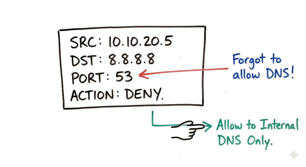 A whiteboard sketch of a firewall log showing how to troubleshoot common issues when implementing network segmentation examples for enterprise security.