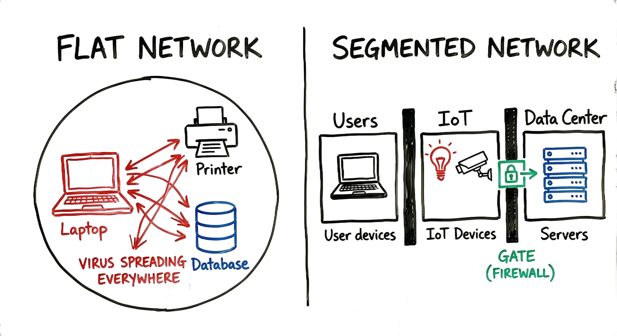A hand-drawn whiteboard diagram showing network segmentation examples for enterprise security by comparing a flat network to a segmented architecture.
