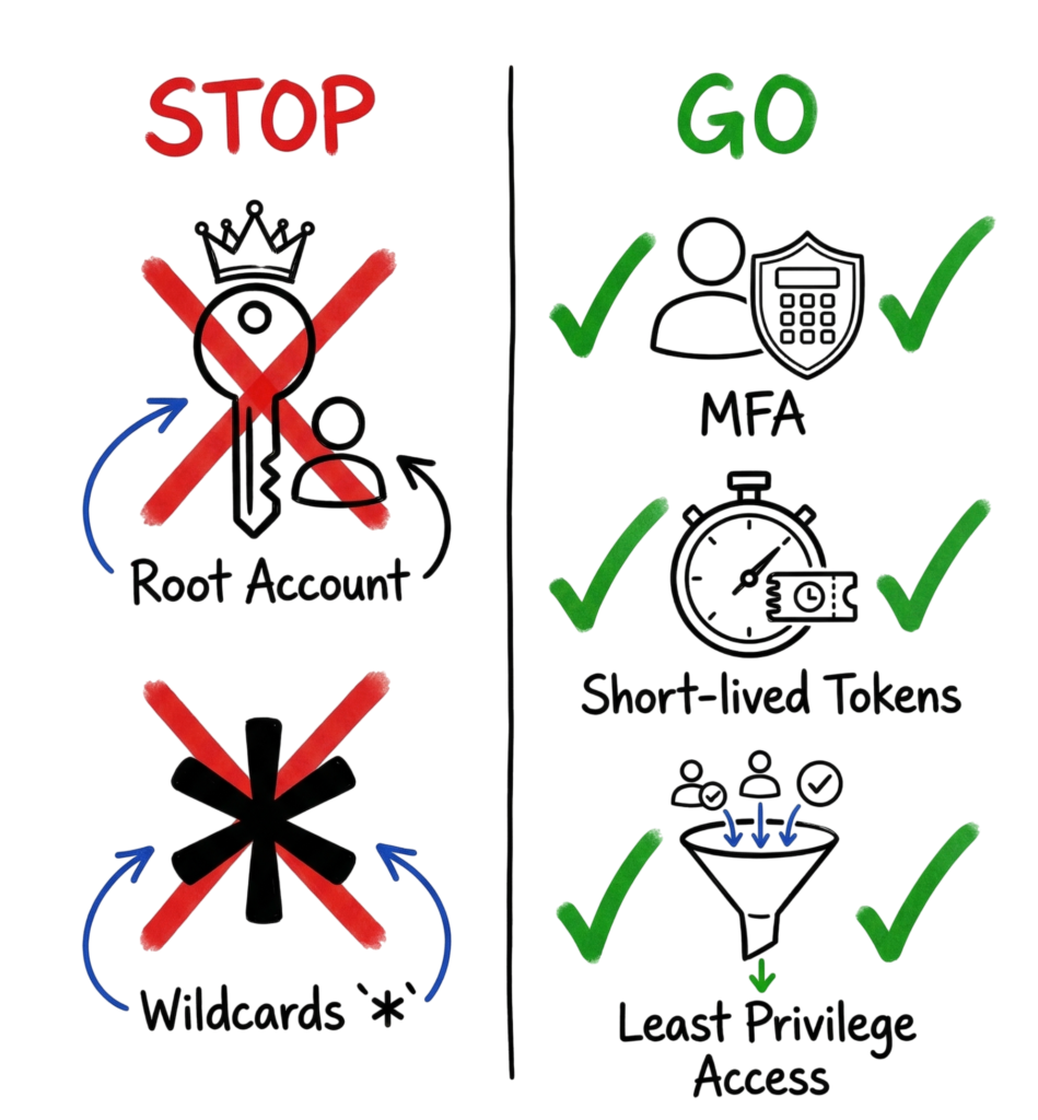A hand-drawn comparison of best practices and common mistakes in the implementation of Identity and Access Management.
