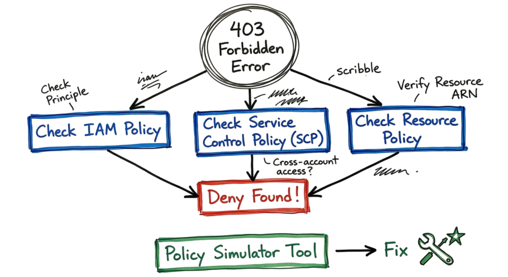 A hand-drawn troubleshooting flow for resolving 403 errors within an Identity and Access Management system.