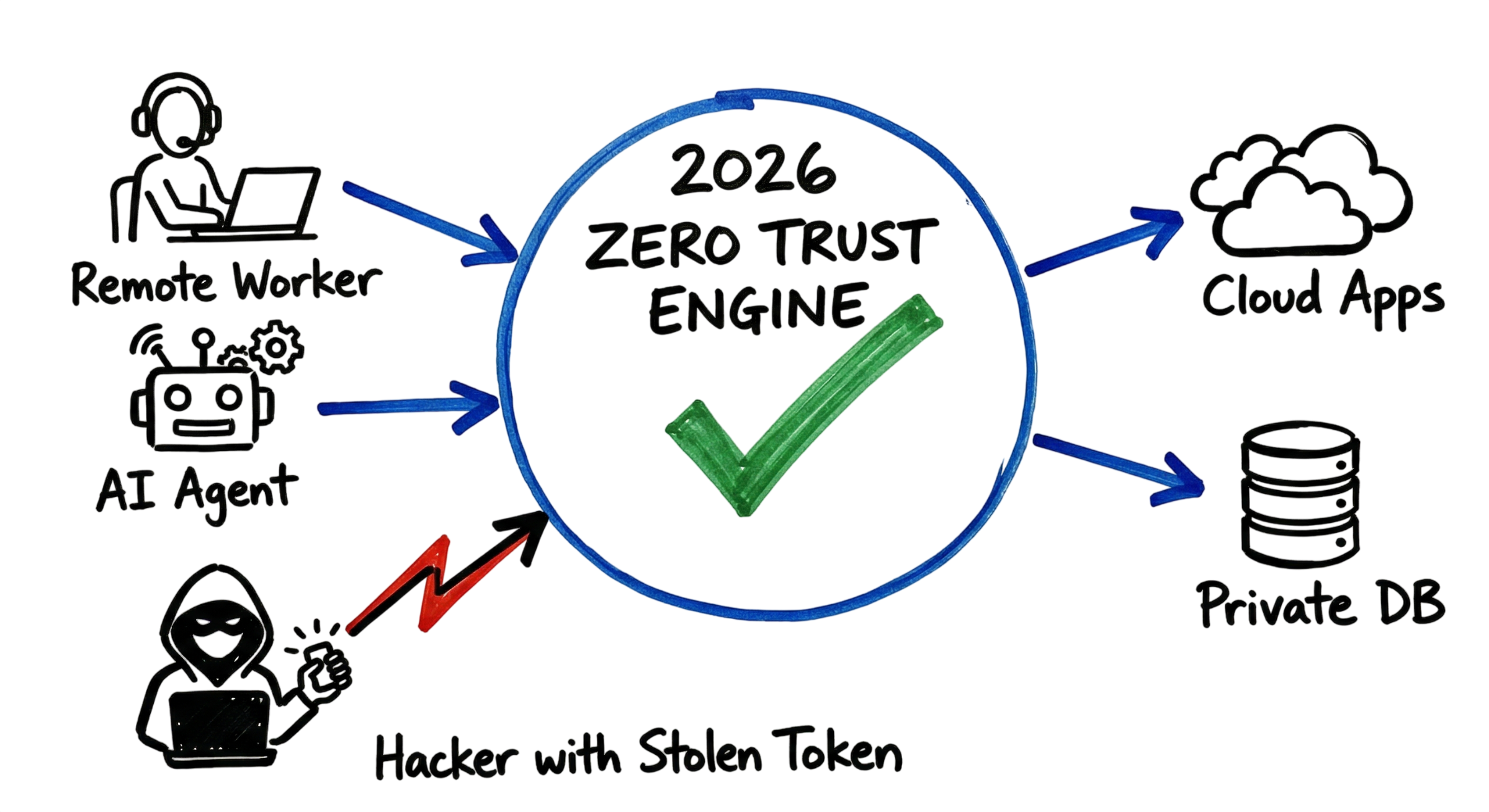 A hand-drawn architecture diagram showing zero trust cybersecurity best practices 2026 for beginners, highlighting identity verification for humans and AI agents.