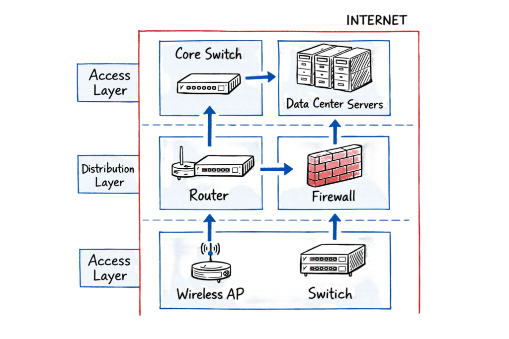 Network devices architecture diagram showing layered design with OSI mapping
