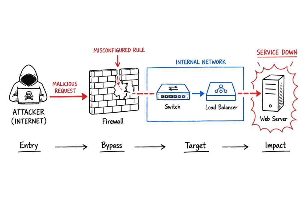 Network devices attack scenario showing firewall bypass and server impact