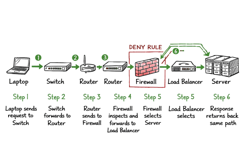 Network devices traffic flow diagram showing packet movement with steps
