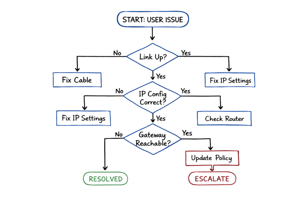 Network devices troubleshooting flowchart for diagnosing connectivity issues