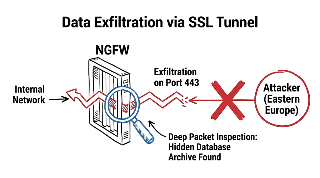 Attack scenario showing an NGFW stopping database exfiltration hidden inside a standard SSL port 443 tunnel.