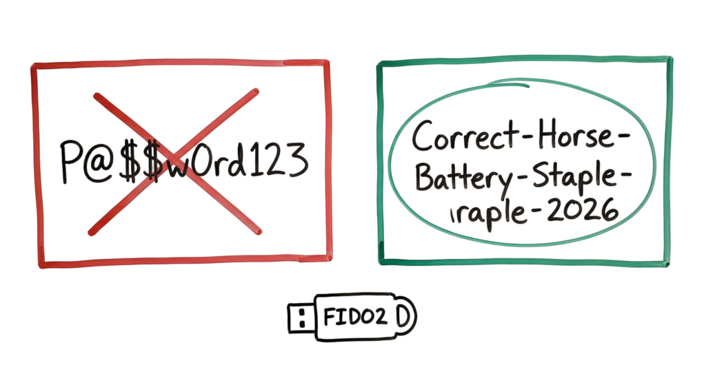 Visual comparison of old vs. new password standards, a key topic in cybersecurity best practices 2026 for beginners.