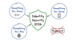 Multi-Factor Authentication (MFA) three factors diagram showing knowledge, possession, and inherence