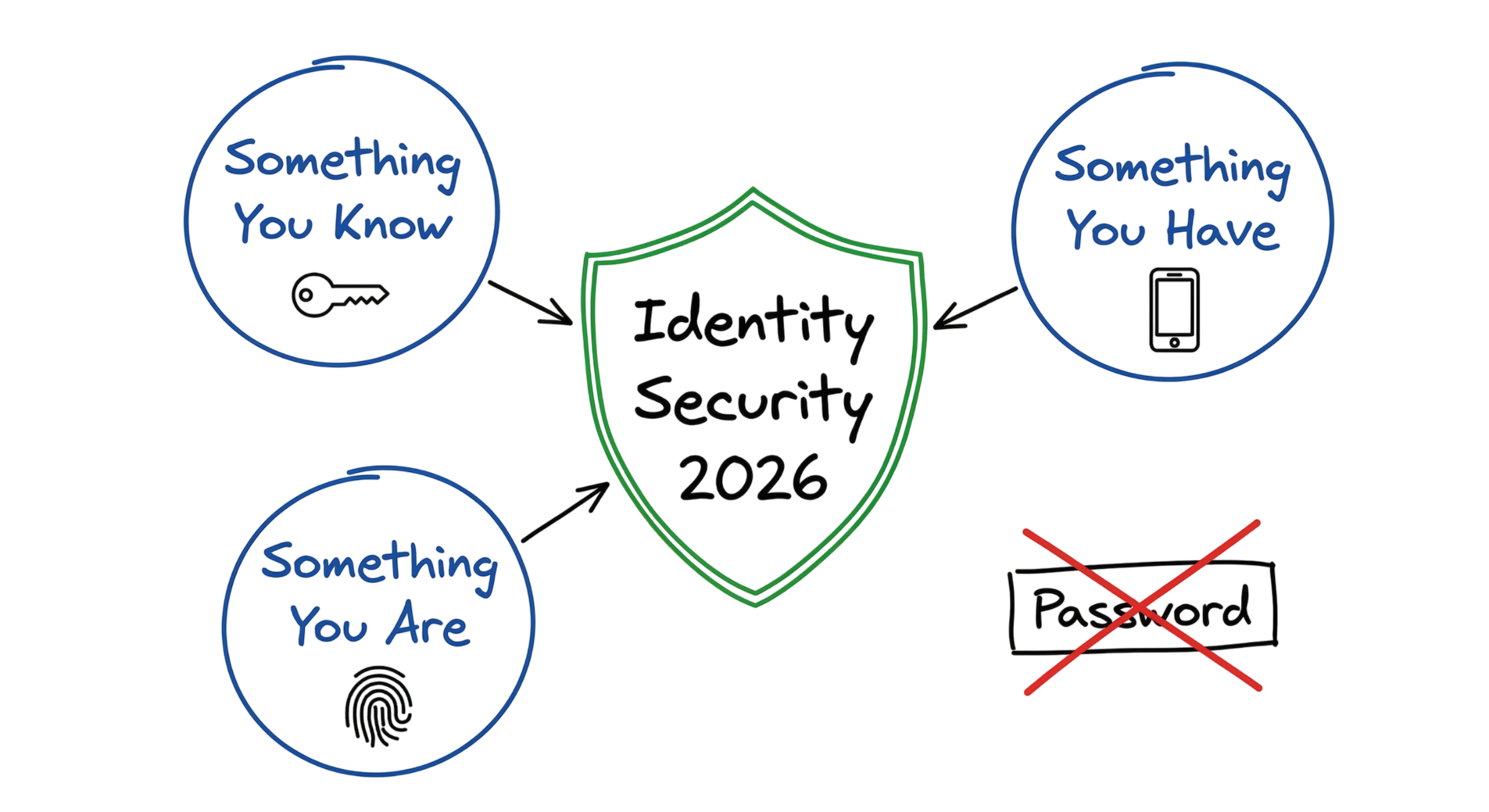 Multi-Factor Authentication (MFA) three factors diagram showing knowledge, possession, and inherence