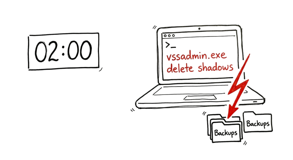 Hand-drawn sketch of a ransomware attack log showing the deletion of shadow copies to kill device backups.