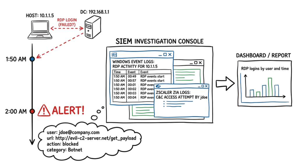 A hand-drawn diagram showing how Security Information and Event Management correlates a Zscaler alert with Windows event logs.