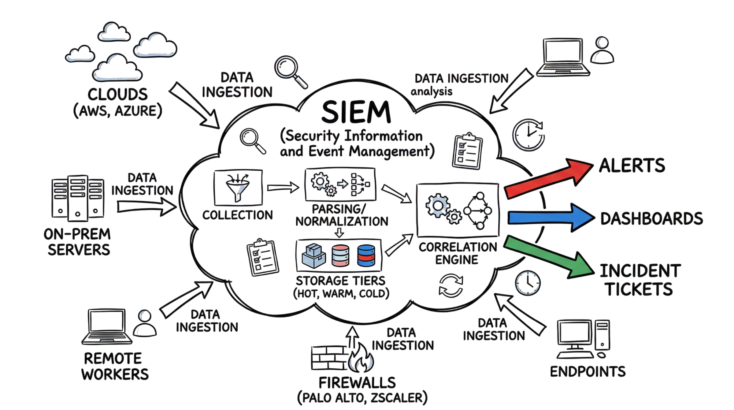 A hand-drawn diagram summarizing how Security Information and Event Management collects diverse data for security analysis.