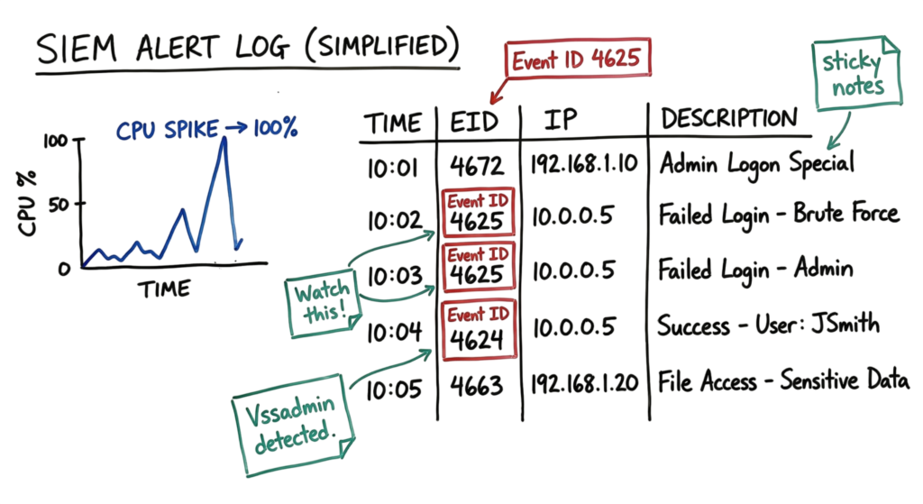 Hand-drawn SIEM log analysis showing early detection markers for how ransomware attacks work (2026).