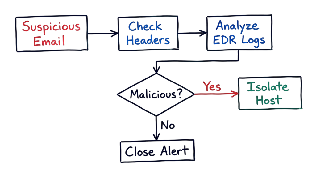 Technical flowchart of a SOC analyst investigating a real-world phishing alert scenario.
