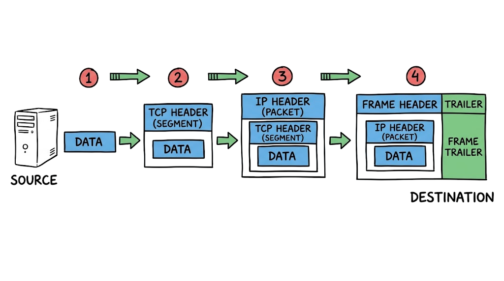Data flow diagram showing how headers are added to data at each of the TCP IP model layers.