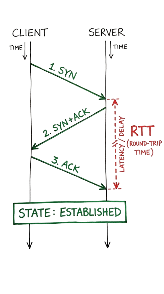 Numbered sequence diagram of the 3-way handshake packets leading to an established state.