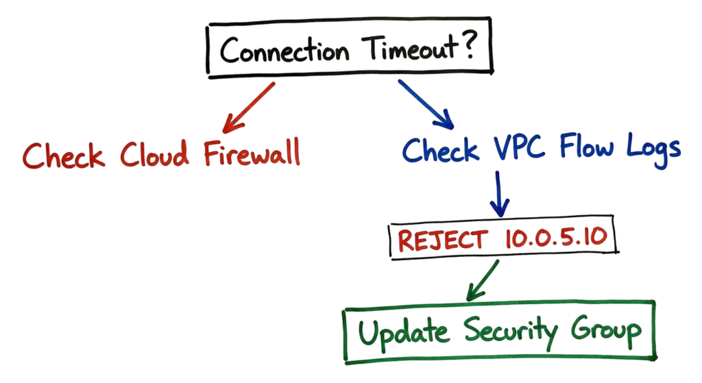 A hand-drawn troubleshooting guide for identifying and fixing a Cloud Misconfiguration in a virtual private cloud.