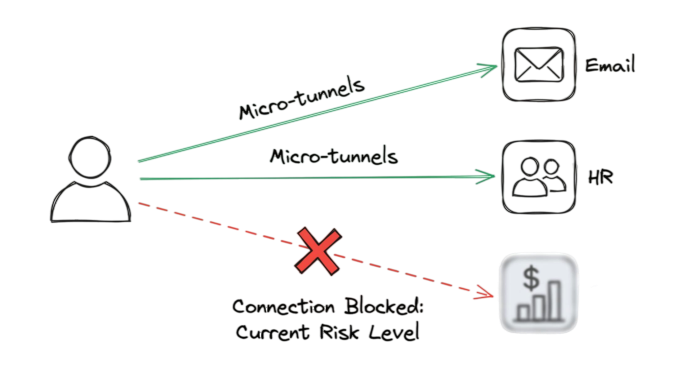 Network flow diagram showing granular access and micro-tunnels to specific applications.
