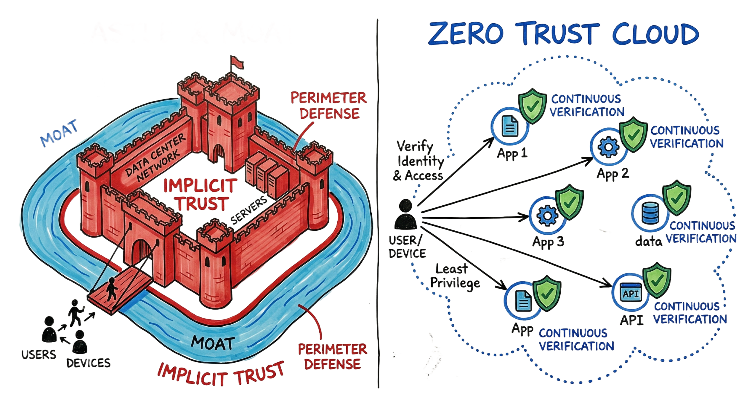 A hand-drawn diagram comparing zero trust vs traditional security technical comparison 2026 showing the shift from perimeters to identity.