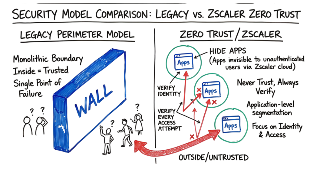 initial access cybersecurity zero trust vs legacy perimeter security diagram