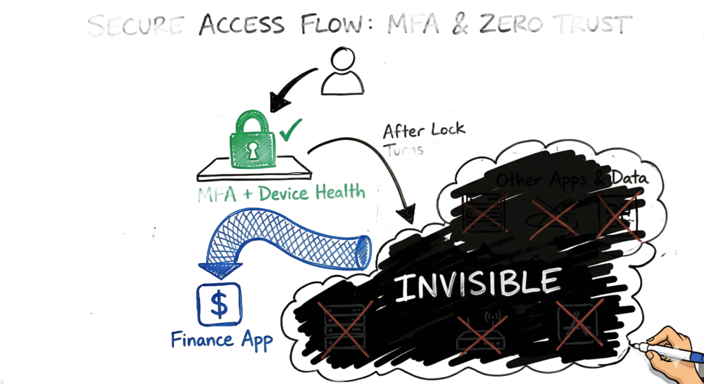 ZTNA implementation guide for engineers illustrating the authenticate then connect network flow.