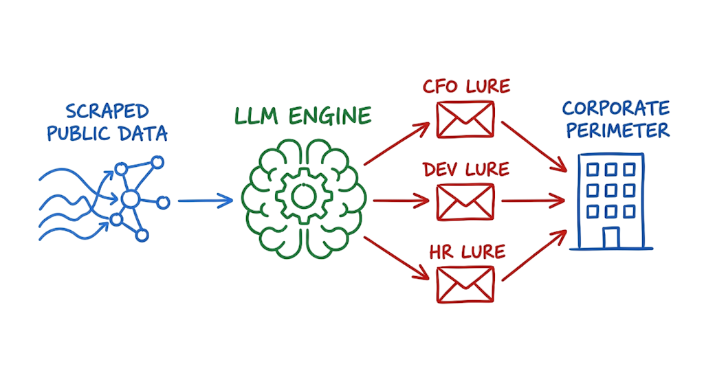 A high-level view of an AI engine ingesting public data to generate highly targeted, role-specific phishing lures aimed at an organization.