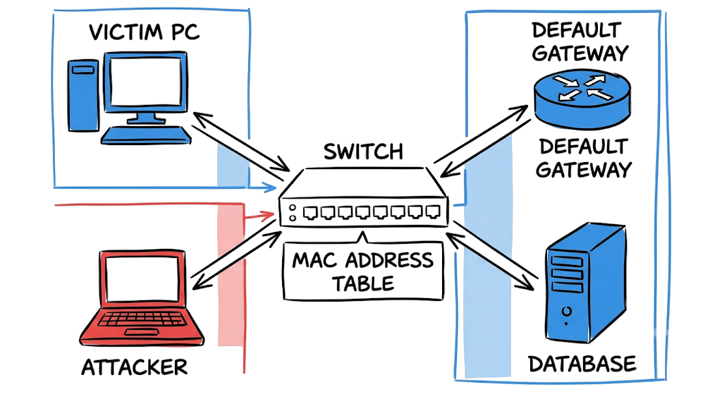 Network architecture diagram for ARP cache poisoning showing trusted devices and an attacker connected to a switch.