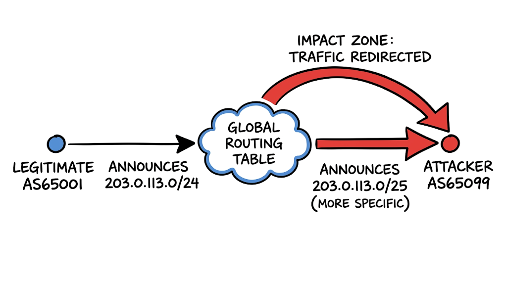 Attack chain for BGP Hijacking How Internet Routes Get Stolen clearly illustrated.