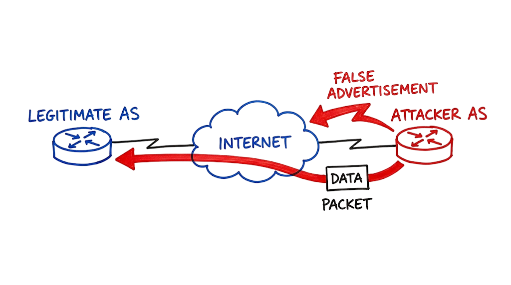 Hand-drawn diagram explaining BGP Hijacking How Internet Routes Get Stolen globally.
